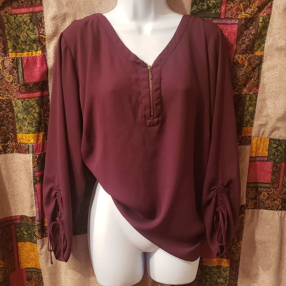 Worthington Burgundy Blouse with Tie Sleeves